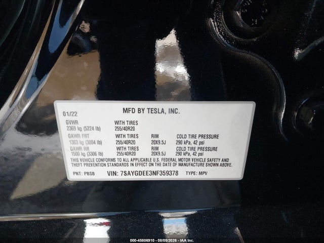 Aukcja sprzedaży 2022 Tesla Model Y Long Range Dual Motor All-wheel Drive, vin: 7SAYGDEE3NF359378, numer aukcji: 45806910