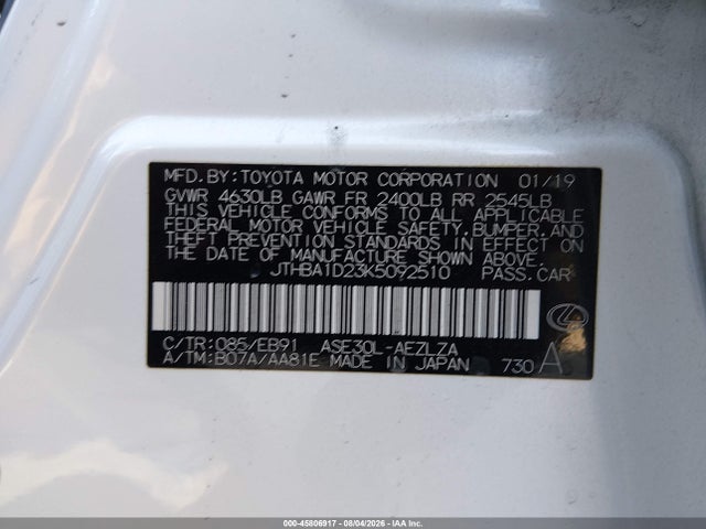 Aukcja sprzedaży 2019 Lexus Is 300, vin: JTHBA1D23K5092510, numer aukcji: 45806917