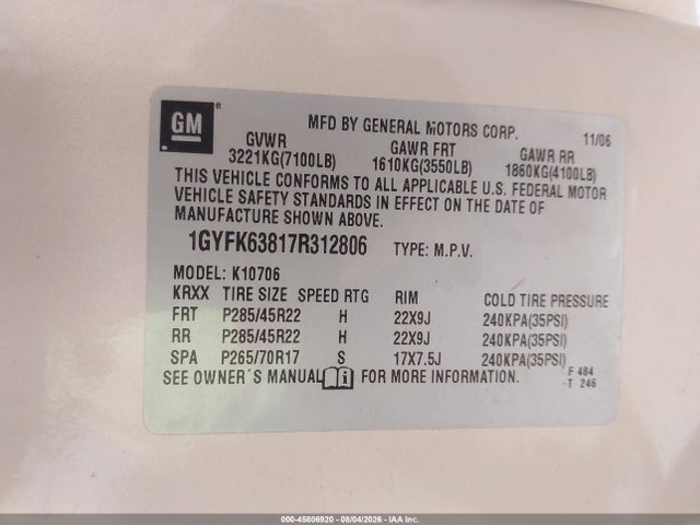 Продаж на аукціоні авто 2007 Cadillac Escalade Standard, vin: 1GYFK63817R312806, номер лоту: 45806920