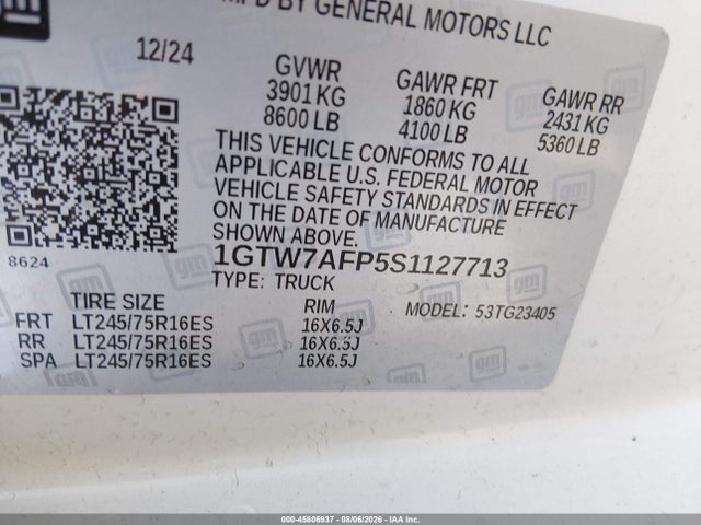 45806937 :رقم المزاد ، 1GTW7AFP5S1127713 vin ، 2025 Gmc Savana Cargo Rwd 2500 Regular Wheelbase Work Van مزاد بيع