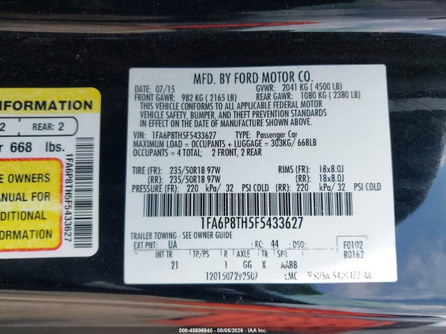 45806940 :رقم المزاد ، 1FA6P8TH5F5433627 vin ، 2015 Ford Mustang Ecoboost مزاد بيع