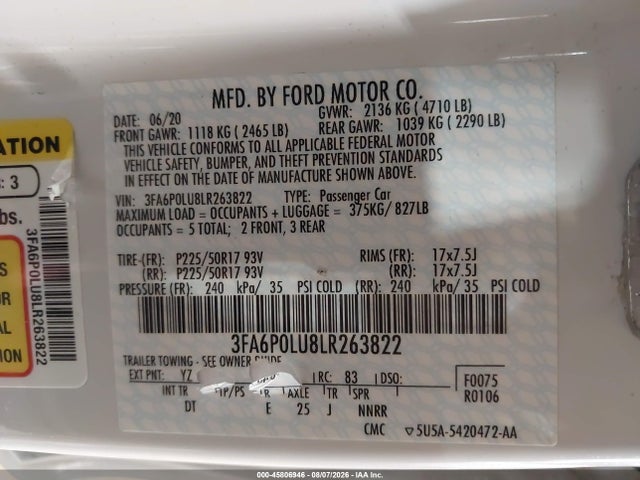 Продаж на аукціоні авто 2020 Ford Fusion Hybrid Se, vin: 3FA6P0LU8LR263822, номер лоту: 45806946