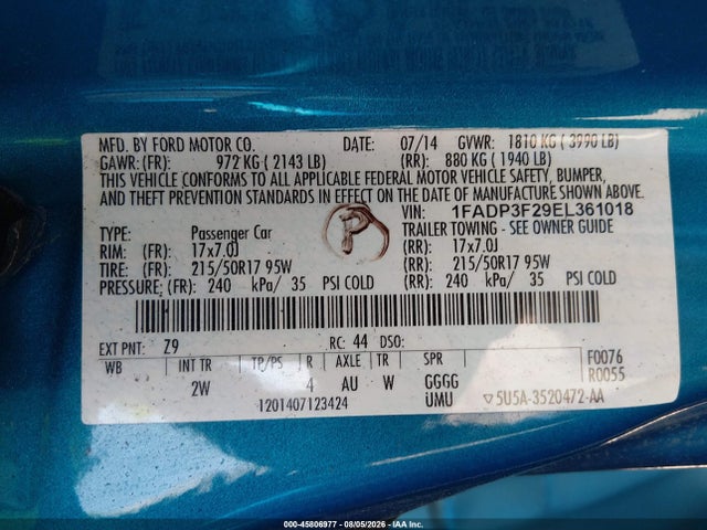 2014 Ford Focus Se მანქანა იყიდება აუქციონზე, vin: 1FADP3F29EL361018, აუქციონის ნომერი: 45806977