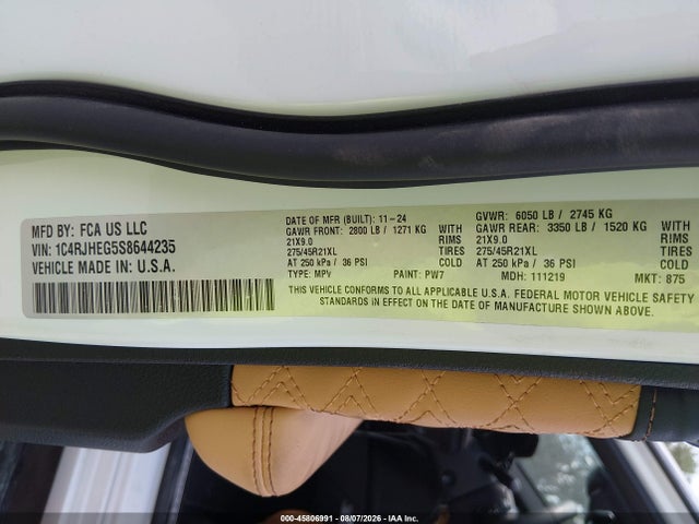 Продаж на аукціоні авто 2025 Jeep Grand Cherokee Summit 4x4, vin: 1C4RJHEG5S8644235, номер лоту: 45806991
