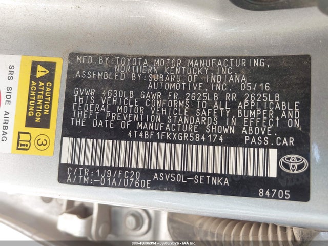 Продажа на аукционе авто 2016 Toyota Camry Le, vin: 4T4BF1FKXGR584174, номер лота: 45806994