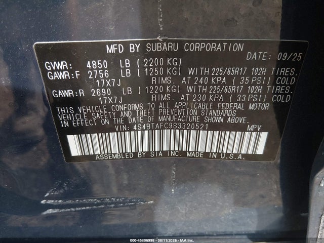 Auction sale of the 2025 Subaru Outback Premium, vin: 4S4BTAFC9S3320521, lot number: 45806998