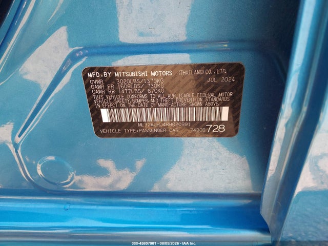 Aukcja sprzedaży 2024 Mitsubishi Mirage Es/le, vin: ML32AUHJ4RH020991, numer aukcji: 45807001