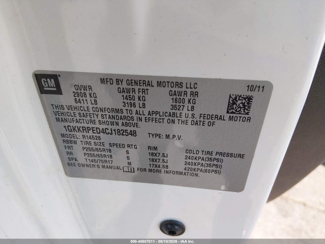 Aukcja sprzedaży 2012 Gmc Acadia Sle, vin: 1GKKRPED4CJ182548, numer aukcji: 45807011