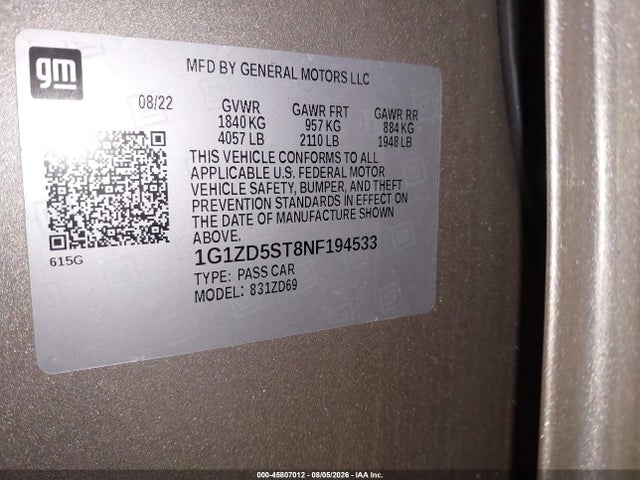 Aukcja sprzedaży 2022 Chevrolet Malibu Fwd Lt, vin: 1G1ZD5ST8NF194533, numer aukcji: 45807012