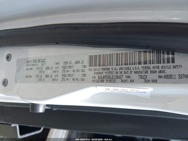 45807014 :رقم المزاد ، 3C6JR7DG9JG135427 vin ، 2018 Ram 1500 مزاد بيع