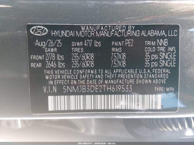 Продаж на аукціоні авто 2026 Hyundai Tucson Sel, vin: 5NMJB3DE2TH619533, номер лоту: 45807017