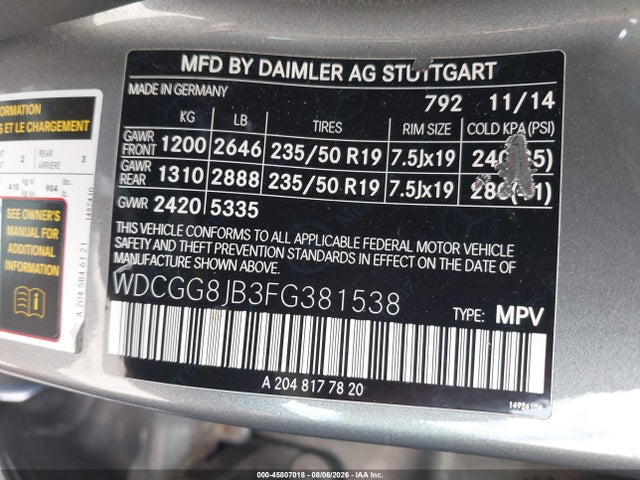 WDCGG8JB3FG381538 Mercedes-Benz Glk 350 4matic