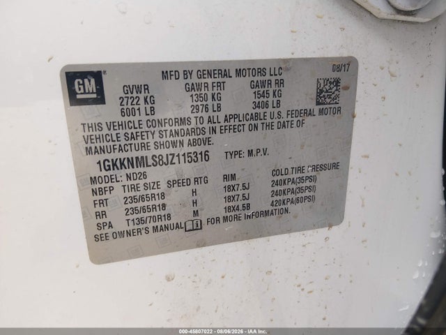 Продаж на аукціоні авто 2018 Gmc Acadia Slt-1, vin: 1GKKNMLS8JZ115316, номер лоту: 45807022
