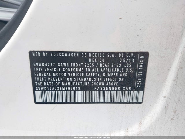 2014 Volkswagen Jetta 1.8t Se მანქანა იყიდება აუქციონზე, vin: 3VWD17AJXEM305019, აუქციონის ნომერი: 45807023