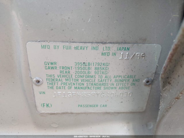 45807025 :رقم المزاد ، JF1GF4859YG806030 vin ، 2000 Subaru Outback مزاد بيع