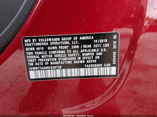 45807041 :رقم المزاد ، 1VWBT7A33HC026729 vin ، 2017 Volkswagen Passat 1.8t Se مزاد بيع