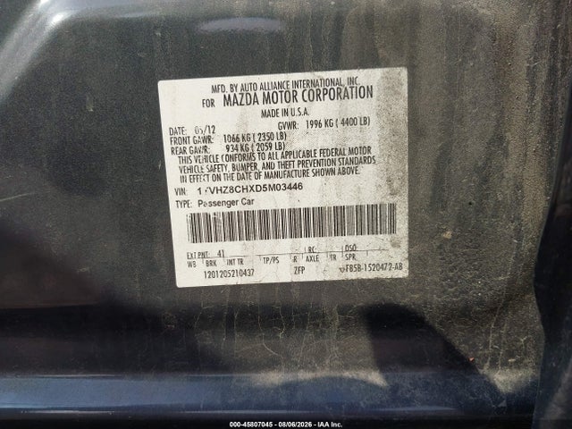 45807045 :رقم المزاد ، 1YVHZ8CHXD5M03446 vin ، 2013 Mazda Mazda6 I Grand Touring مزاد بيع