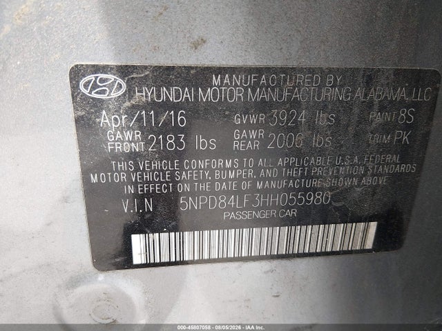 5NPD84LF3HH055980 Hyundai ELANTRA SE