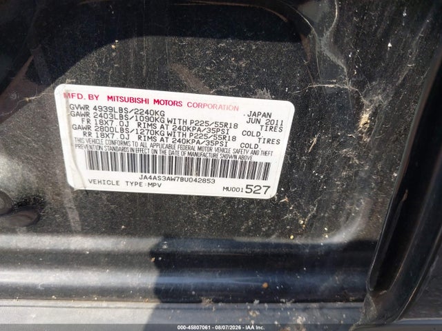 45807061 :رقم المزاد ، JA4AS3AW7BU042853 vin ، 2011 Mitsubishi Outlander Se مزاد بيع