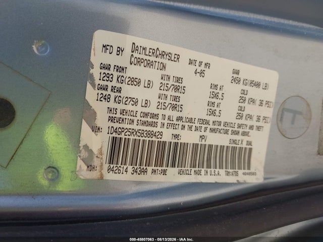 45807063 :رقم المزاد ، 1D4GP25RX5B388429 vin ، 2005 Dodge Caravan Se مزاد بيع