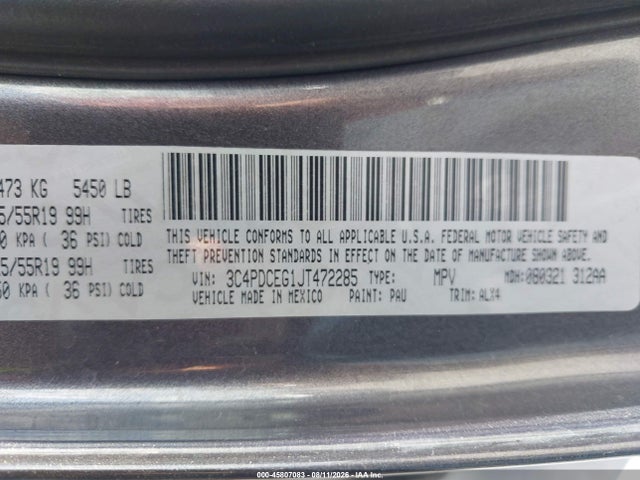 45807083 :رقم المزاد ، 3C4PDCEG1JT472285 vin ، 2018 Dodge Journey Gt مزاد بيع