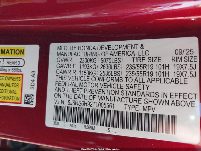 45807093 :رقم المزاد ، 5J6RS6H92TL005561 vin ، 2026 Honda Cr-v Hybrid Awd Sport Touring مزاد بيع