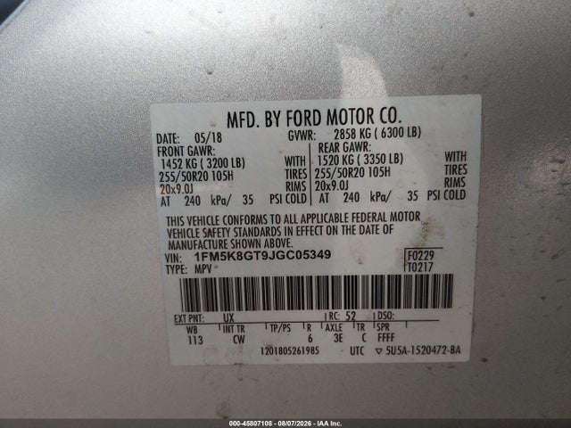 Aukcja sprzedaży 2018 Ford Explorer Sport, vin: 1FM5K8GT9JGC05349, numer aukcji: 45807108