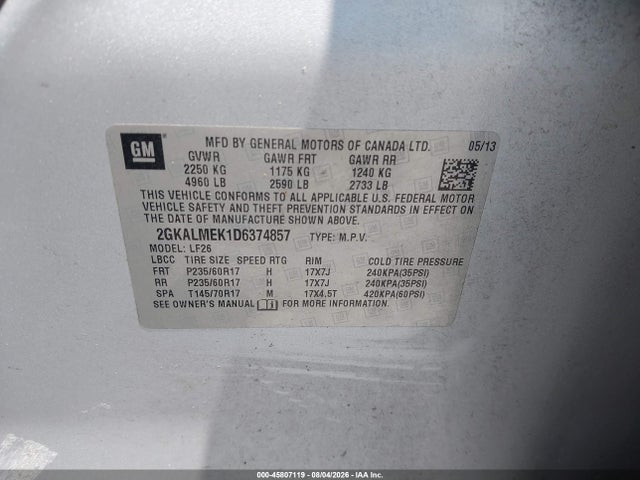 Aukcja sprzedaży 2013 Gmc Terrain Sle-1, vin: 2GKALMEK1D6374857, numer aukcji: 45807119