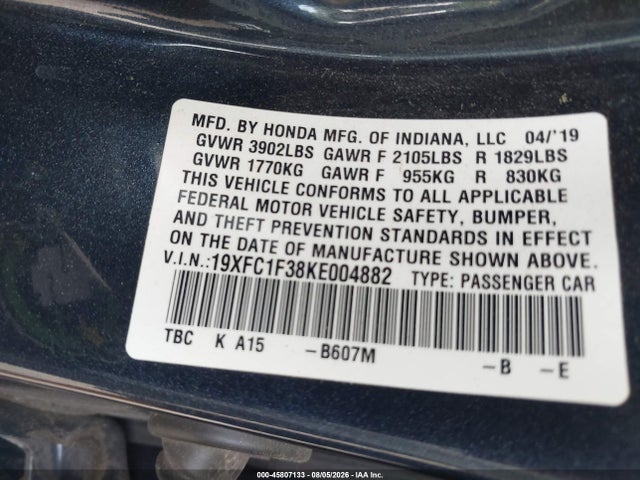 Honda CIVIC EX 2019 19XFC1F38KE004882 Image 9