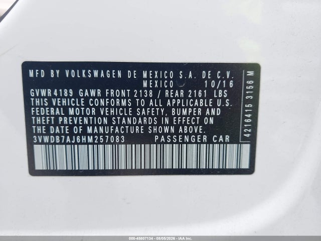 45807134 :رقم المزاد ، 3VWDB7AJ6HM257083 vin ، 2017 Volkswagen Jetta 1.4t Se مزاد بيع