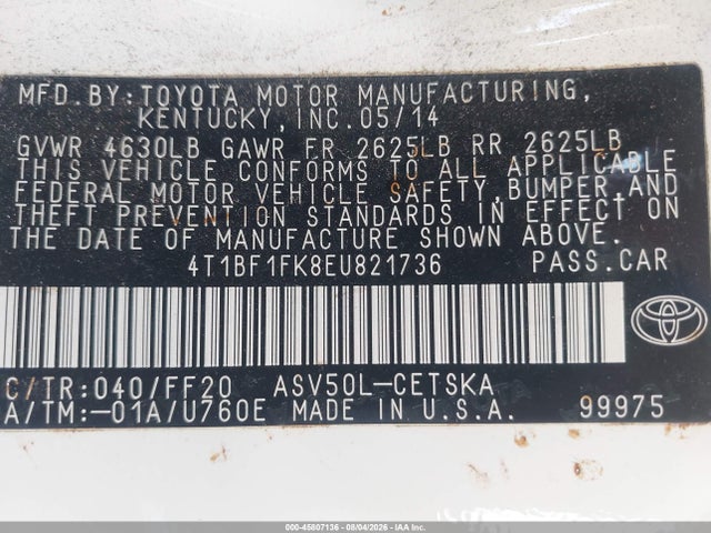 Продажа на аукционе авто 2014 Toyota Camry Se, vin: 4T1BF1FK8EU821736, номер лота: 45807136