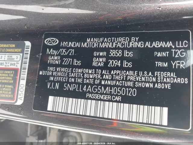 45807139 :رقم المزاد ، 5NPLL4AG5MH050120 vin ، 2021 Hyundai Elantra Se مزاد بيع