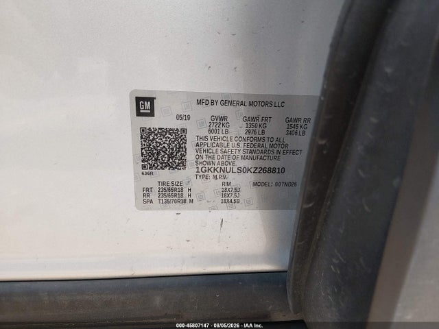 Aukcja sprzedaży 2019 Gmc Acadia Slt-1, vin: 1GKKNULS0KZ268810, numer aukcji: 45807147