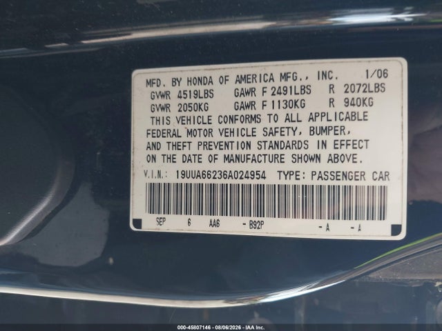 Продажа на аукционе авто 2006 Acura Tl, vin: 19UUA66236A024954, номер лота: 45807146