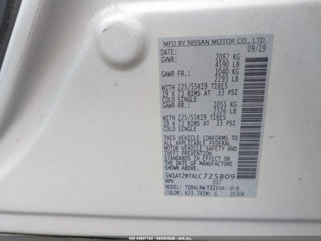 Продаж на аукціоні авто 2020 Nissan Rogue Sl Fwd, vin: 5N1AT2MTXLC725809, номер лоту: 45807152