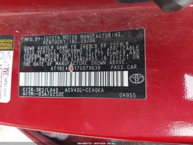 Продаж на аукціоні авто 2007 Toyota Camry Xle, vin: 4T1BE46K17U079638, номер лоту: 45807157