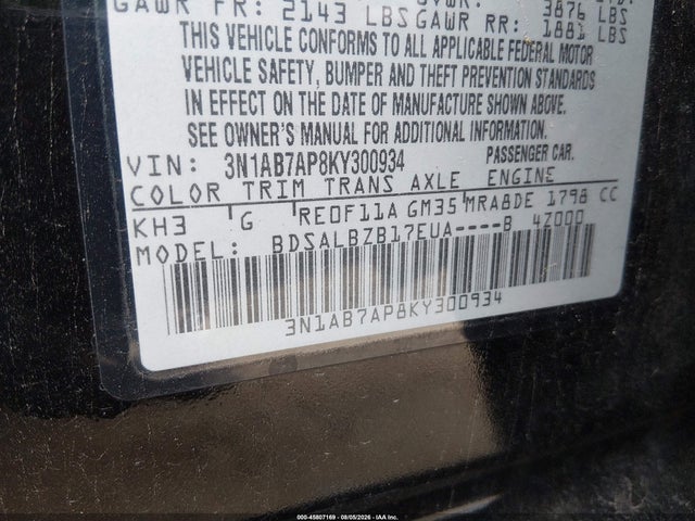 Продажа на аукционе авто 2019 Nissan Sentra S, vin: 3N1AB7AP8KY300934, номер лота: 45807169