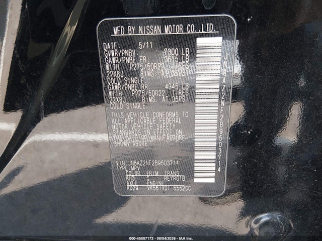 Продаж на аукціоні авто 2011 Infiniti Qx56, vin: JN8AZ2NF2B9503714, номер лоту: 45807172
