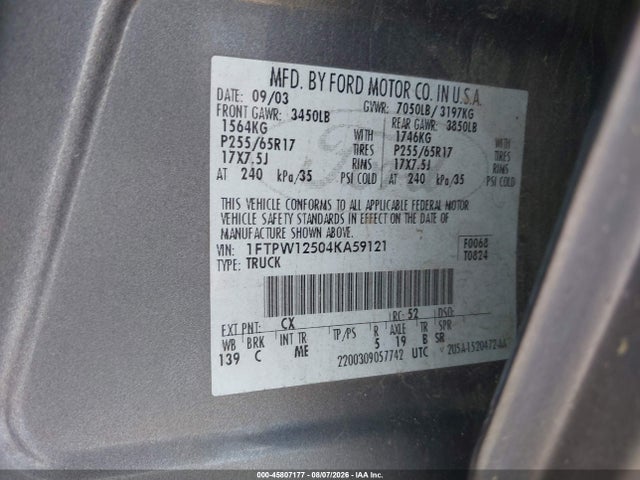 45807177 :رقم المزاد ، 1FTPW12504KA59121 vin ، 2004 Ford F-150 Lariat/xlt مزاد بيع