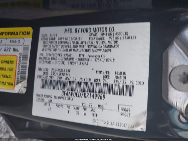 Aukcja sprzedaży 2019 Ford Fusion Sel, vin: 3FA6P0CD7KR149969, numer aukcji: 45807182