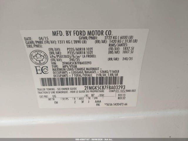 2FMGK5C87FBA03293 Ford FLEX SEL