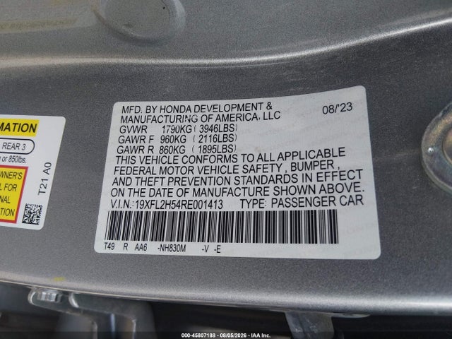 2024 Honda Civic Lx მანქანა იყიდება აუქციონზე, vin: 19XFL2H54RE001413, აუქციონის ნომერი: 45807188