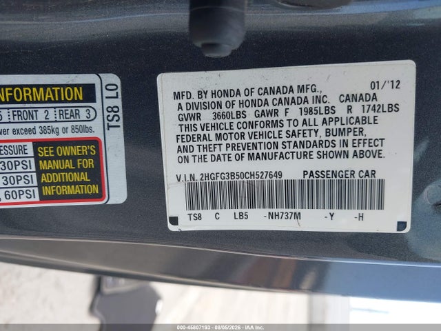 Aukcja sprzedaży 2012 Honda Civic Lx, vin: 2HGFG3B50CH527649, numer aukcji: 45807193