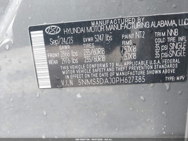 2023 Hyundai Santa Fe Sel მანქანა იყიდება აუქციონზე, vin: 5NMS3DAJ0PH627385, აუქციონის ნომერი: 45807196