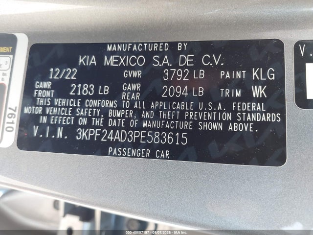 Продажа на аукционе авто 2023 Kia Forte Lxs, vin: 3KPF24AD3PE583615, номер лота: 45807197