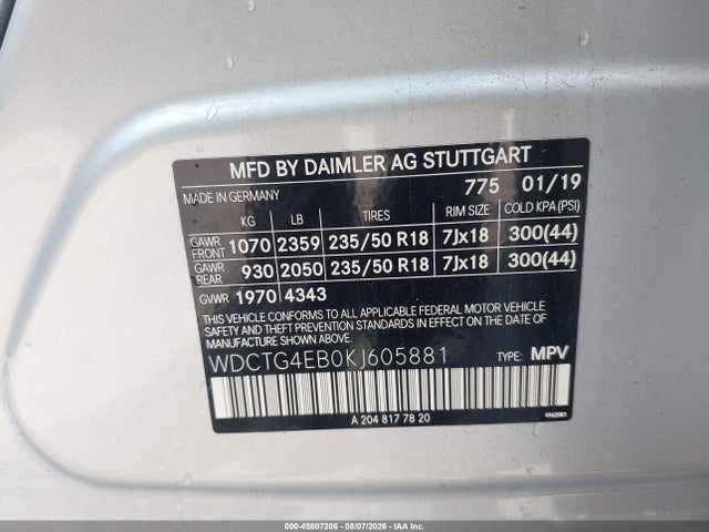 Auction sale of the 2019 Mercedes-benz Gla 250, vin: WDCTG4EB0KJ605881, lot number: 45807206