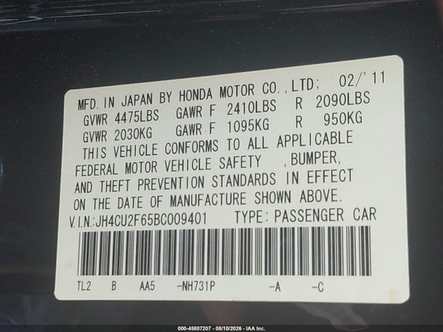 2011 Acura Tsx 2.4 მანქანა იყიდება აუქციონზე, vin: JH4CU2F65BC009401, აუქციონის ნომერი: 45807207