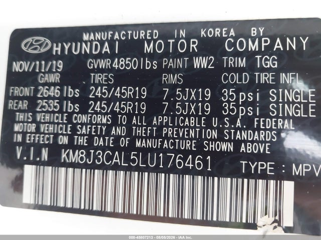 2020 Hyundai Tucson Sport მანქანა იყიდება აუქციონზე, vin: KM8J3CAL5LU176461, აუქციონის ნომერი: 45807213