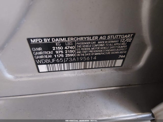 45807216 :رقم المزاد ، WDBUF65J73A195614 vin ، 2003 Mercedes-benz E 320 مزاد بيع