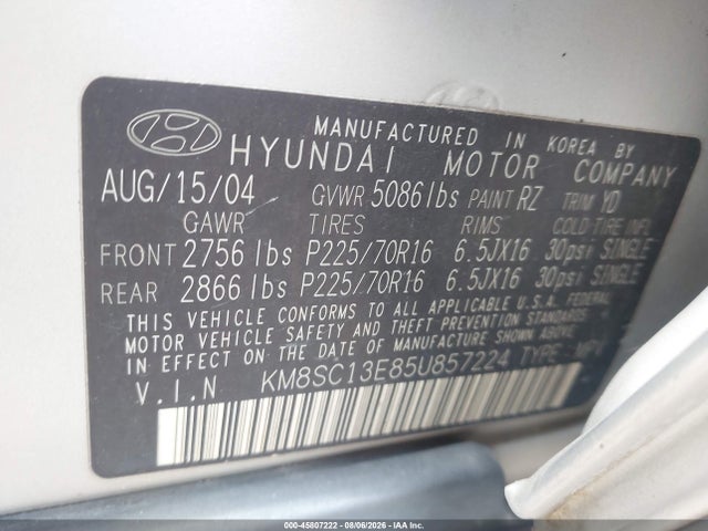Продажа на аукционе авто 2005 Hyundai Santa Fe Gls/lx, vin: KM8SC13E85U857224, номер лота: 45807222